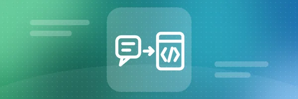 Illustration zu Vibe Coding: Eine Chatblase mit Textzeilen fließt über einen Pfeil in ein Code-Fenster mit spitzen Klammern und einem Schrägstrich